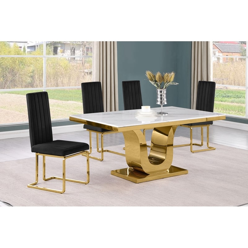 Best Quality Furniture D320-SC344-7 Dining Set with 66" White Marble Top - 5-Piece - Black / Gold