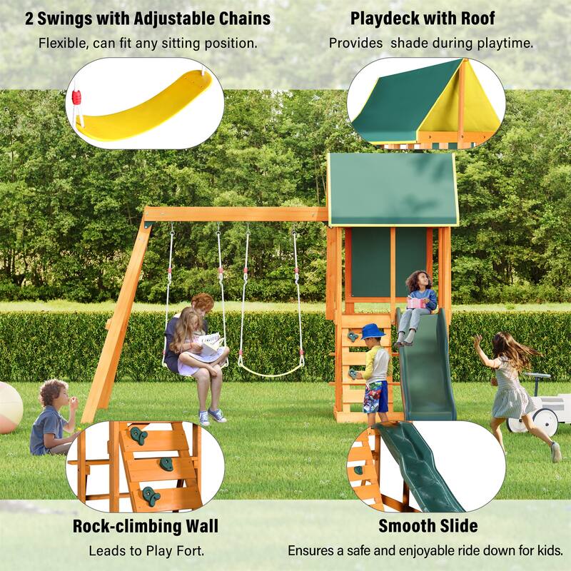 Outdoor 3 in 1 Wood Swing Set with Slide, 2 Swings and Climber