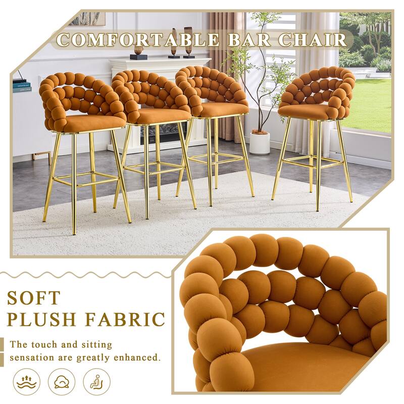 Set of 2 Puffy Bubble Chair Ball Chain Chair Velvet Bar Stools with Gold Legs, Modern Tufted Accent Bar Chairs