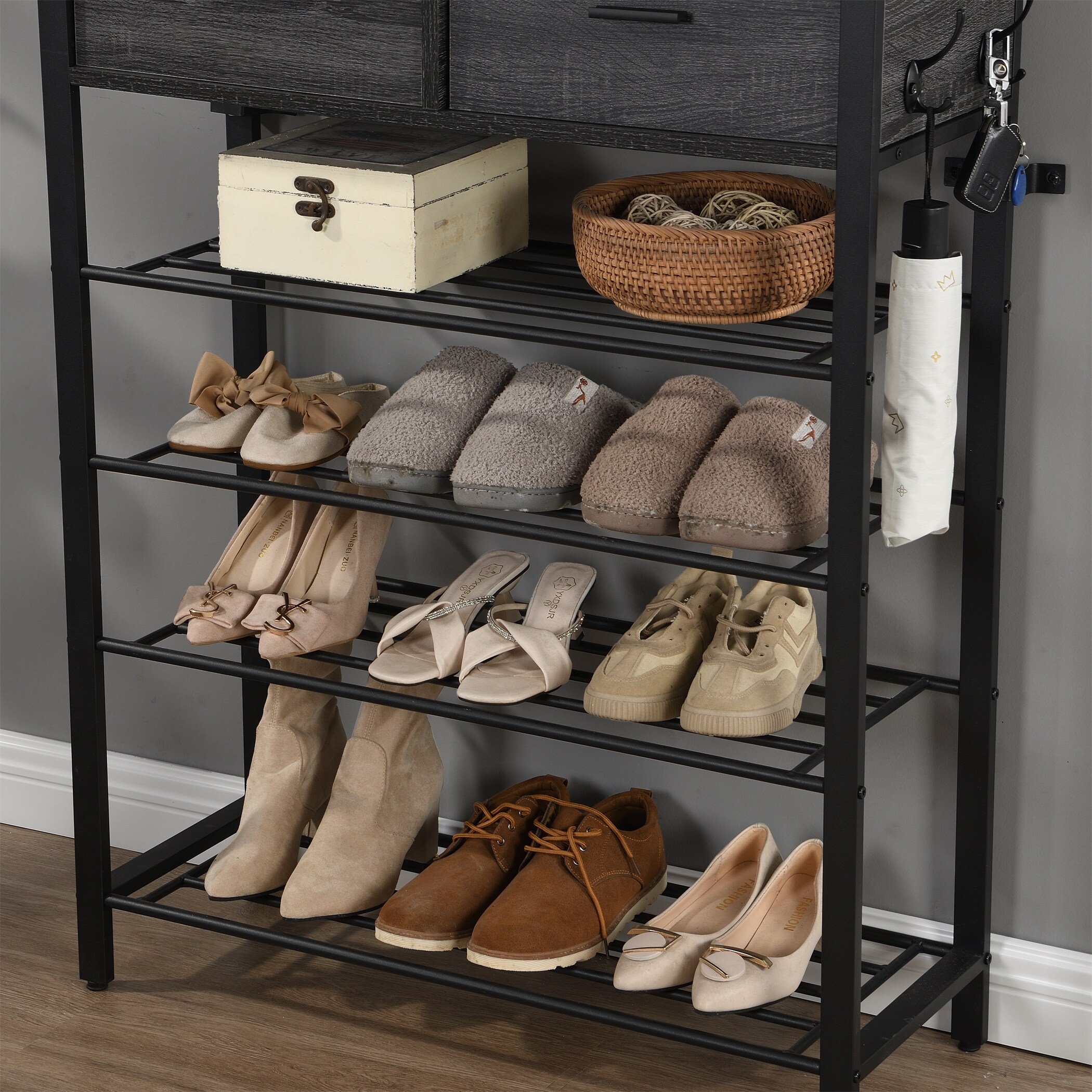 Shoe Rack Shelf With Hooks And Baskets Shoe Shelf With Drawers