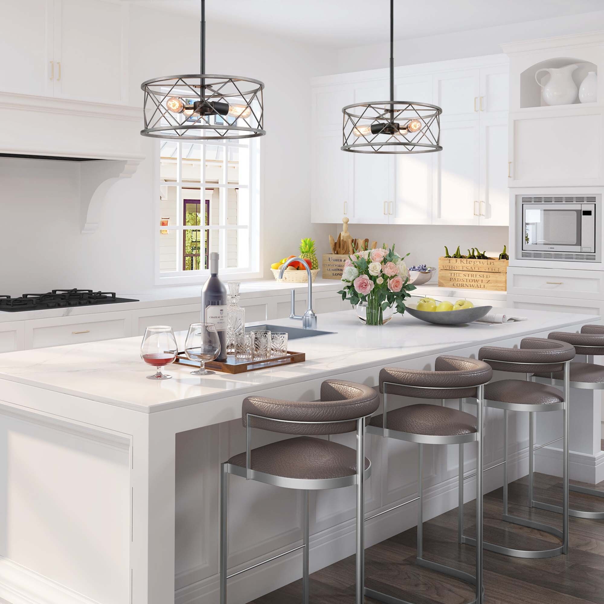 Modern Industrial 3 light Chandelier Black Metal Drum Island Pendant Lights Fixture for Dining Kitchen Room W15.7