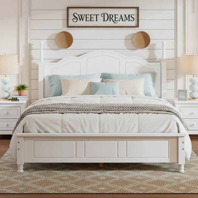 Retro Wood Platform Bed Frame with Wooden Slat Support by Harper&Bright Designs - White - Queen