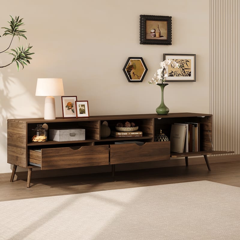 Mid Century Media Console for TVs up to 80", TV Stand with 2 Drawers & Drop-Down Door Storage Cabinet