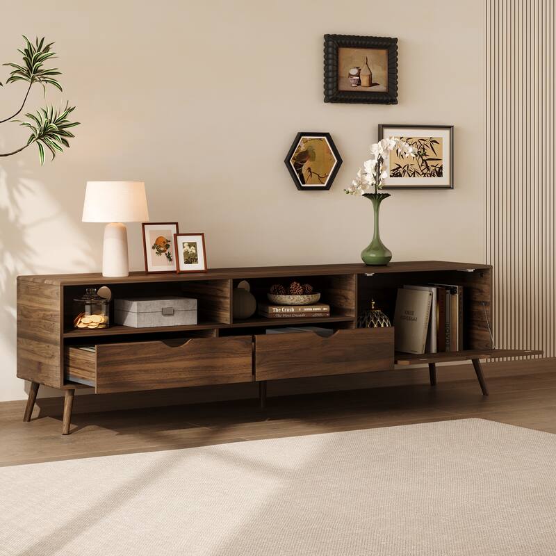 Mid Century TV Stand Media Console, for TVs up to 80" with 2 Drawers, Drop-Down Door & Storage, for Living Room, Bedroom