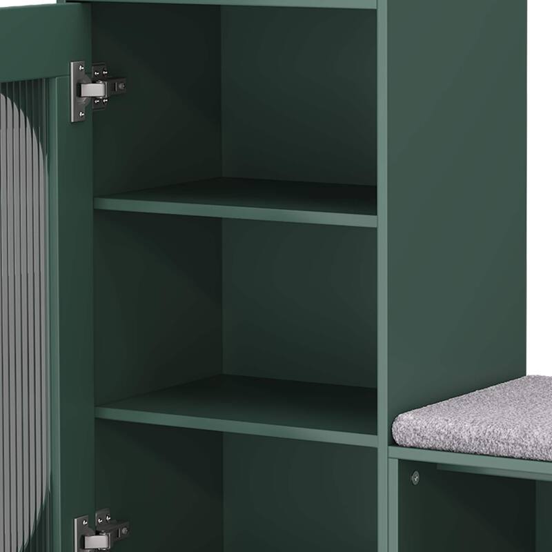 L-Shaped Shoe Storage Bench with Padded Seat, Modern Organizer with Glass Door and Shelf