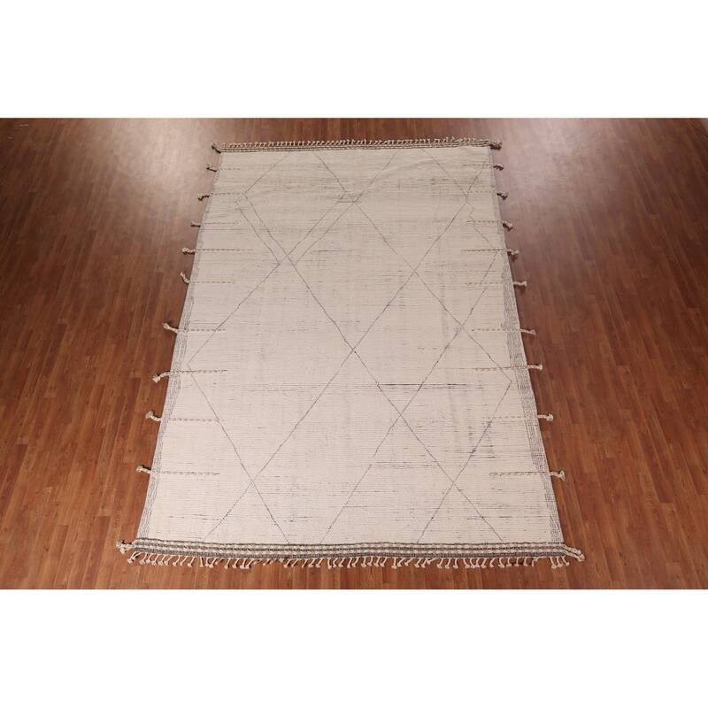 All-Over Ivory Moroccan Modern Area Rug Hand-Knotted Wool Carpet - 8'7"x 12'7"