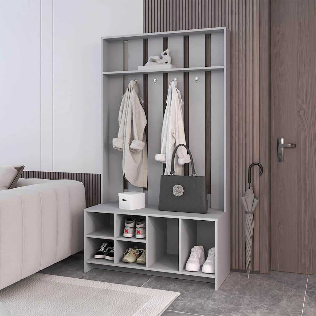 Multi-Functional Hall Tree with Open Shoe Storage, Coat Hooks, and Bench Seating for Everyday Organization