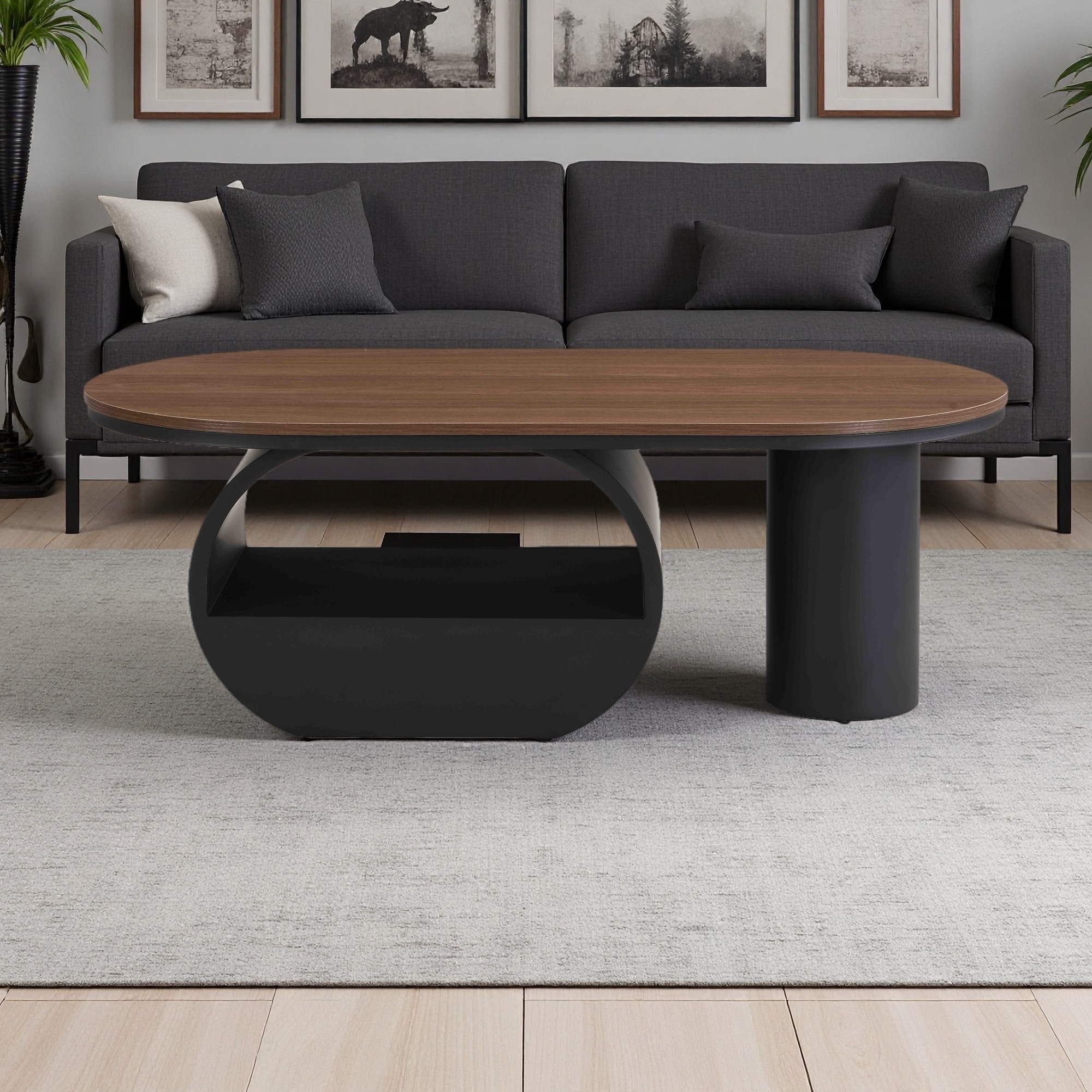 47.24" Metal and MDF Oval Coffee Table with Storage Drawer, Space-Saving Design, and Adjustable Feet
