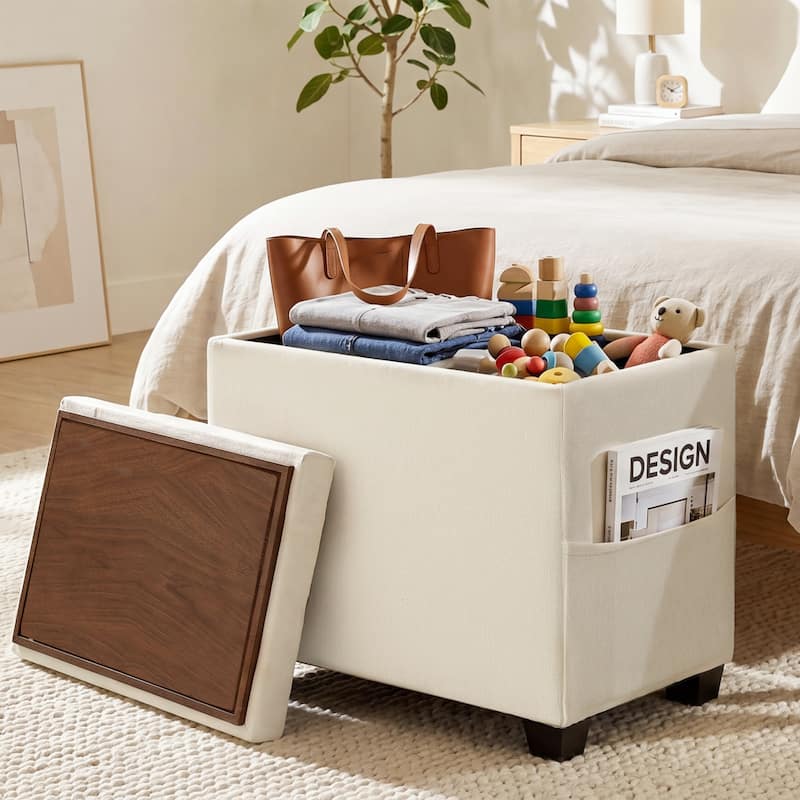 Adeco 16" W Upholstered Rectangle Storage Ottoman with Tray and Pocket
