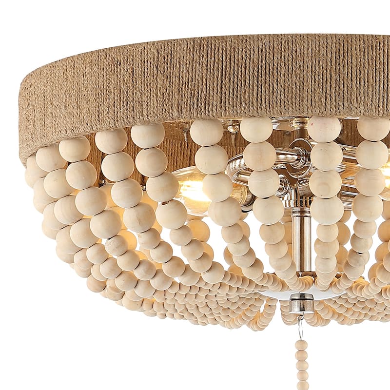 Norris Wood Bead 14" 2-Light Farmhouse Bohemian Iron LED Flush Mount, Light Taupe/Chrome by JONATHAN Y
