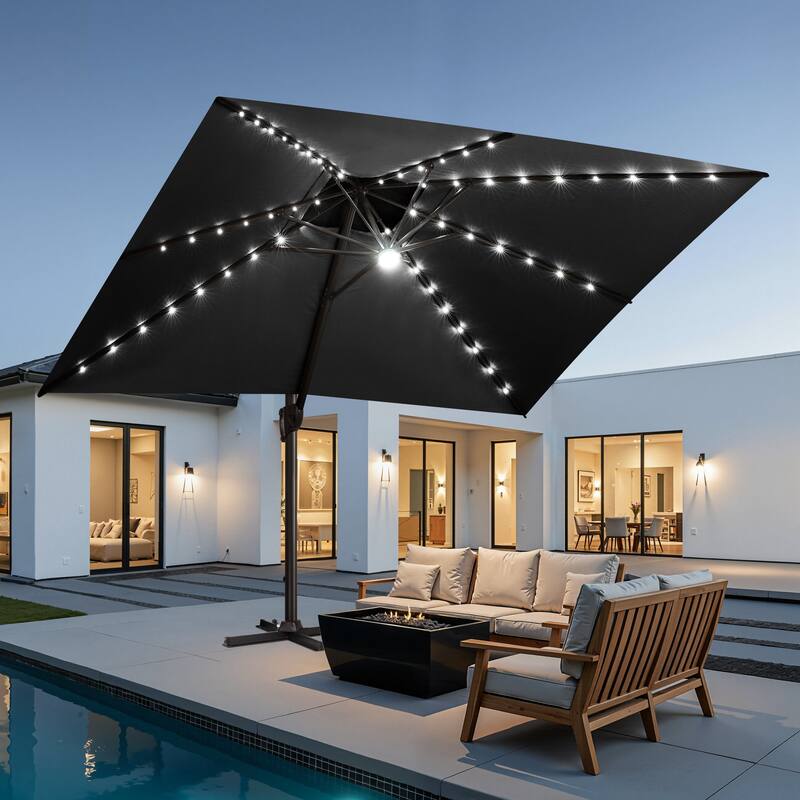 10 FT x 13 FT Outdoor Rectangular Solar LED Lighted Double Top Patio Cantilever Umbrella