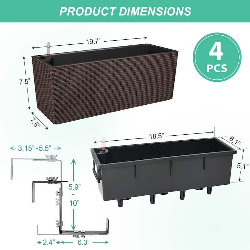 Aoodor 4Pcs 19.5" Rectangular Window/Railing Planter Box, Self Watering Planter for Balcony Porch Fence Patio - 19.5''×7.2''