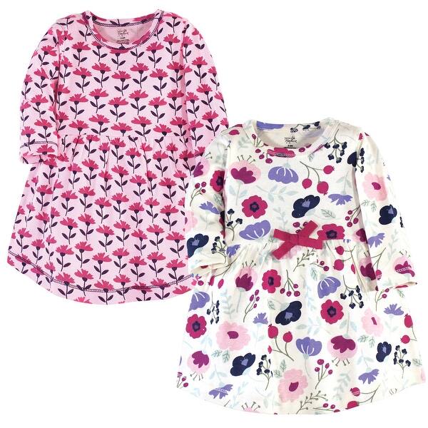 slide 1 of 1, Touched by Nature Baby and Baby Girl Organic Cotton Long-Sleeve Dresses 2pk, Pink Botanical 0-3 Months - Baby Toddler Pink Botanical Long Sleeve
