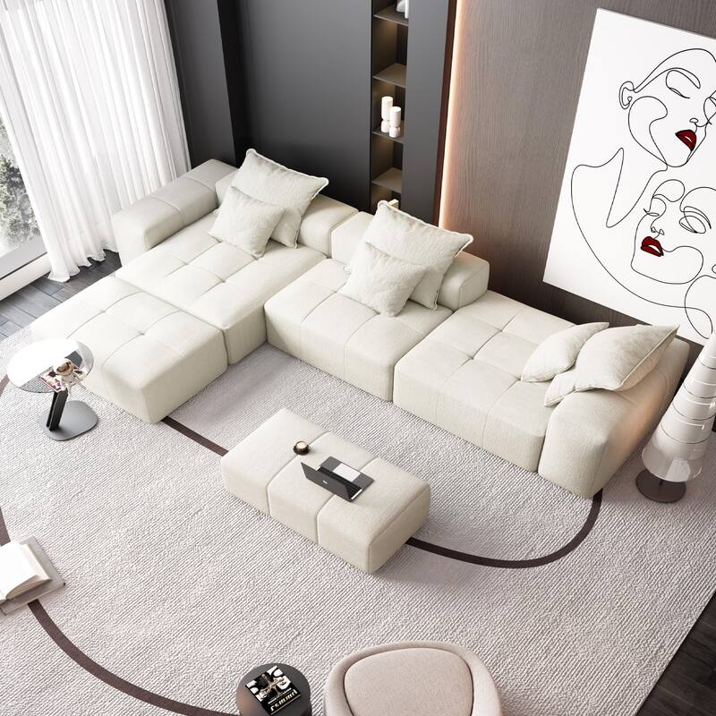 Modern Oversized Chenille Modular Sectional Sofa Tufted Sofa with 6 Pillows and Ottoman for Living Room