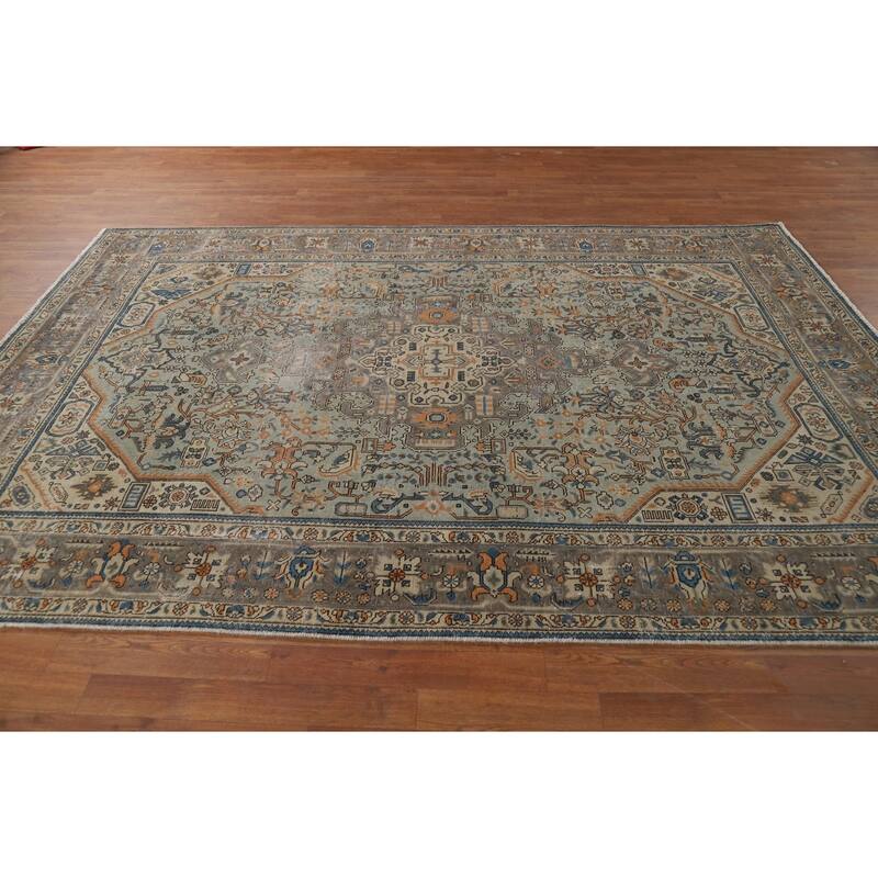 Green Geometric Tabriz Persian Area Rug Hand-Knotted Wool Carpet - 6'6"x 9'7"