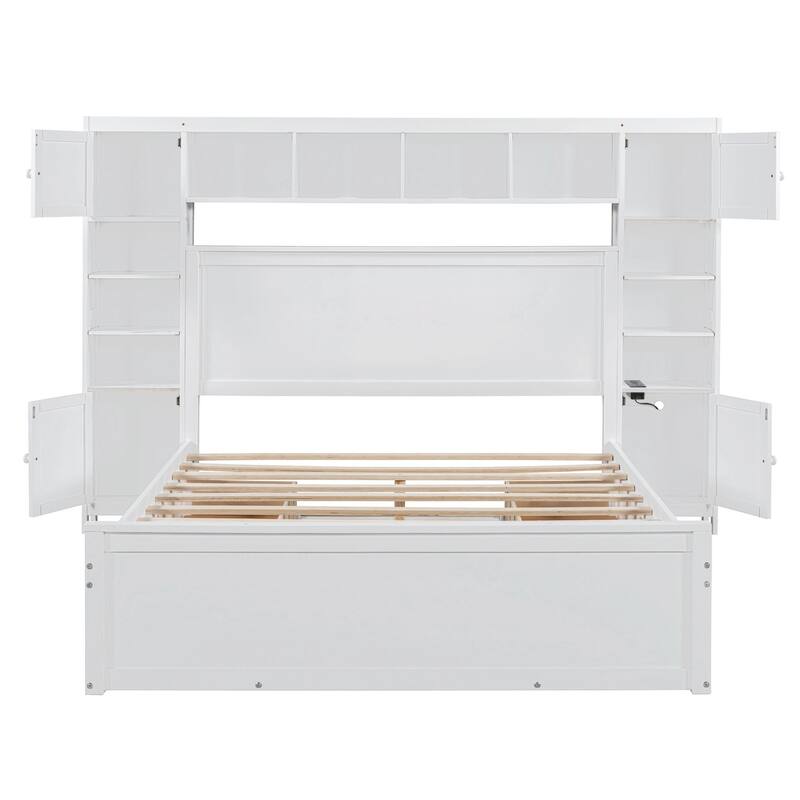 Wooden Bed with Built-in Cabinet, Shelf, and Sockets