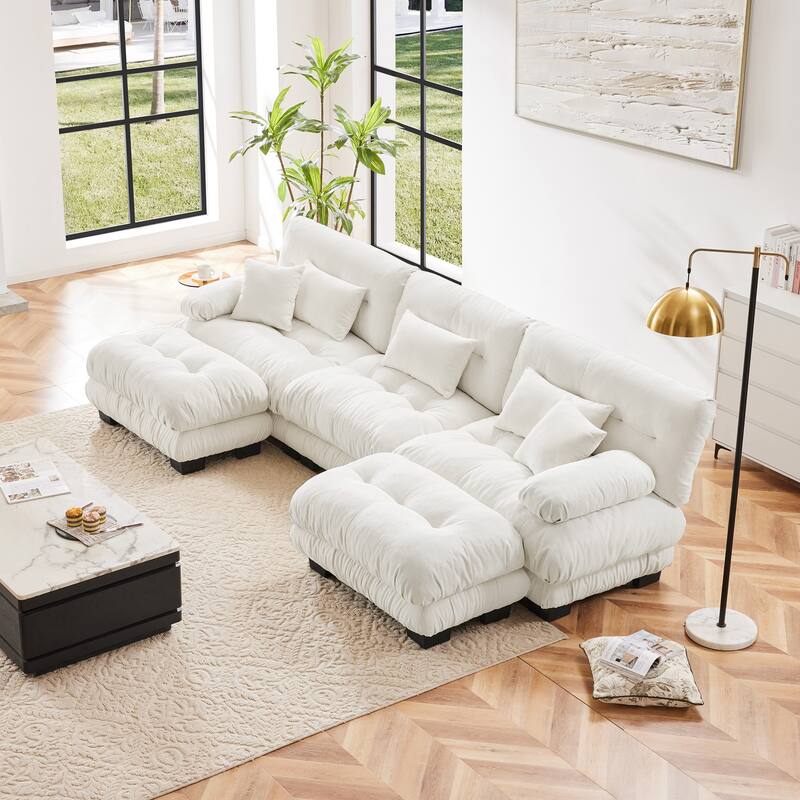 133.8" Chenille U-Shaped Cloud Sectional Sofa (3-Seater Modular) with 2 Ottomans - White
