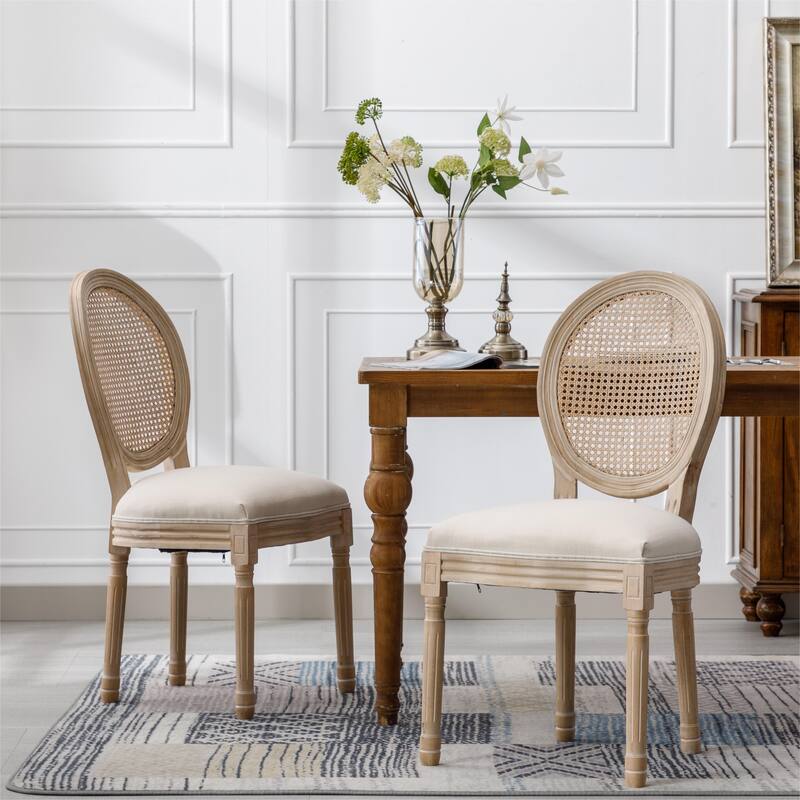 Linen Solid Wood 2 Piece Kitchen Dining Chair with Cushion, Rattan Back for Dining Room Kitchen Living Room Bedroom - Beige
