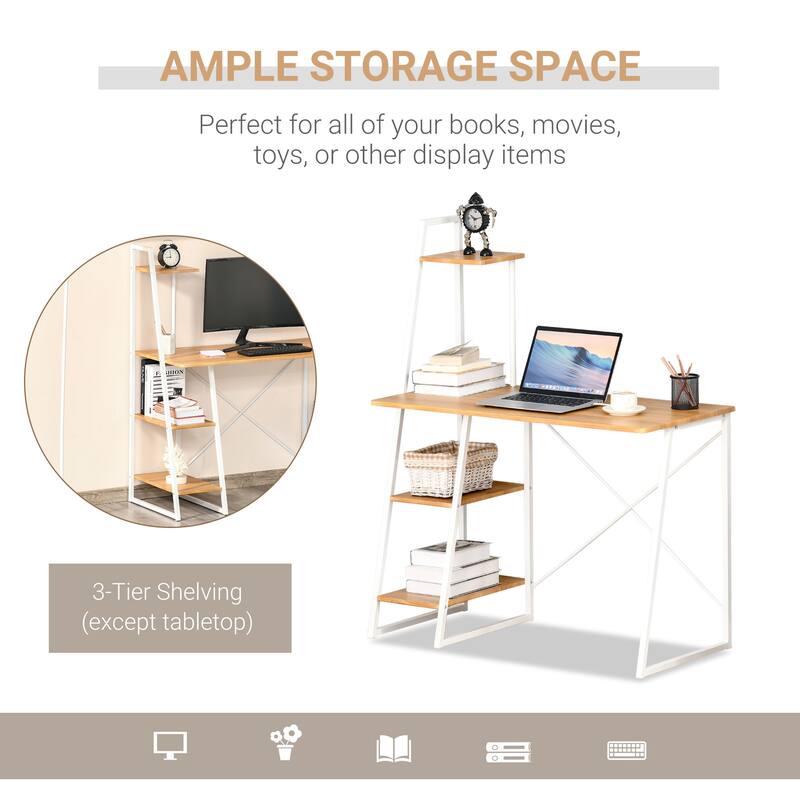 HOMCOM Computer Desk with 3-Tier Storage Shelves Study Writing Table Workstation for Home Office Small Space Natural