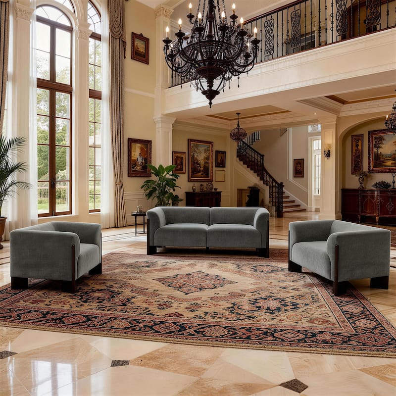 Mid-Century Tuxedo Arm Roomy Barrel Chair Oversized Loveseat Sofa - Grey-Chenille - Set