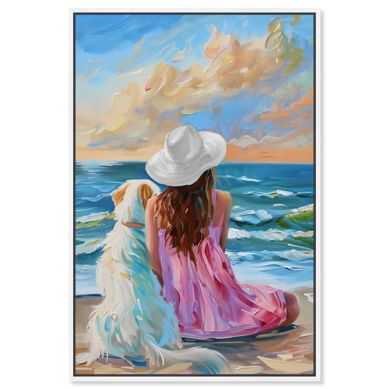 Art Remedy Girl And Her Best Friend Framed Colorful Coastal 1 Piece Canvas Wall Art - 17 x 25 - White