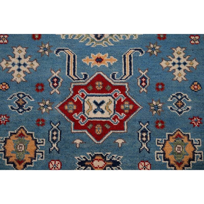 Blue Geometric Kazak Accent Rug Hand-Knotted Wool Carpet - 3'4" x 5'0"
