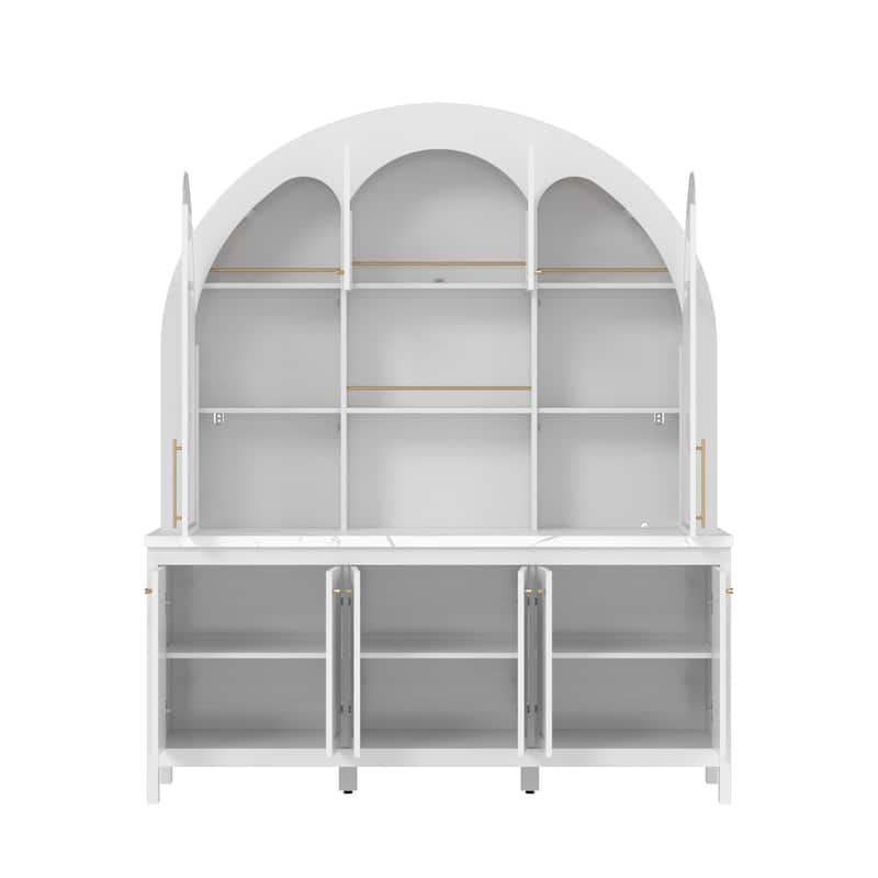 63" Arched Display Cabinet with LED Lights, Modern Buffet Sideboard with Glass Doors, Large Storage Credenza Bookshelves