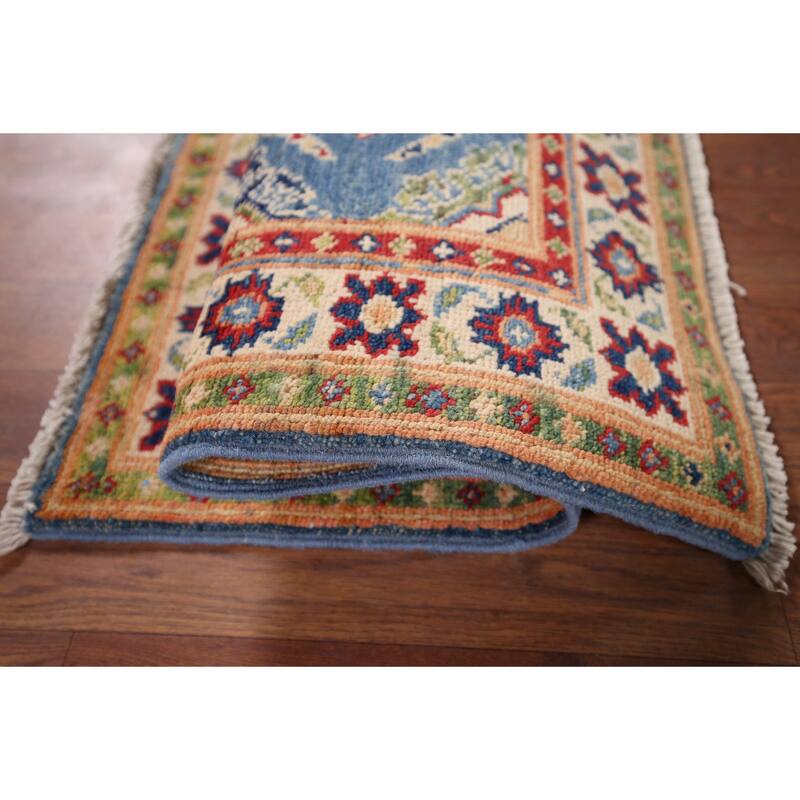 Blue Geometric Kazak Rug Handmade Oriental Wool Carpet - 2'1" x 2'10"