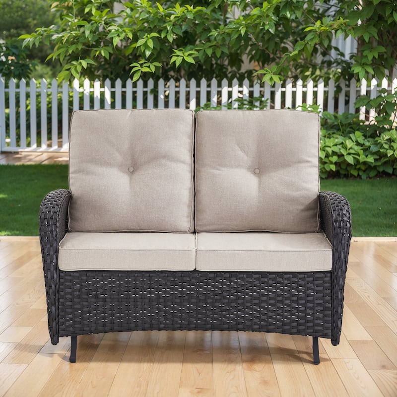 Outdoor Glider Loveseat Patio Sofa Black-Beige - Black - Black - Beige