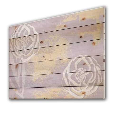 Designart 'Hand Drawn White Florals On Chic Gold Rustic Lavender Background' Modern Print on Natural Pine Wood