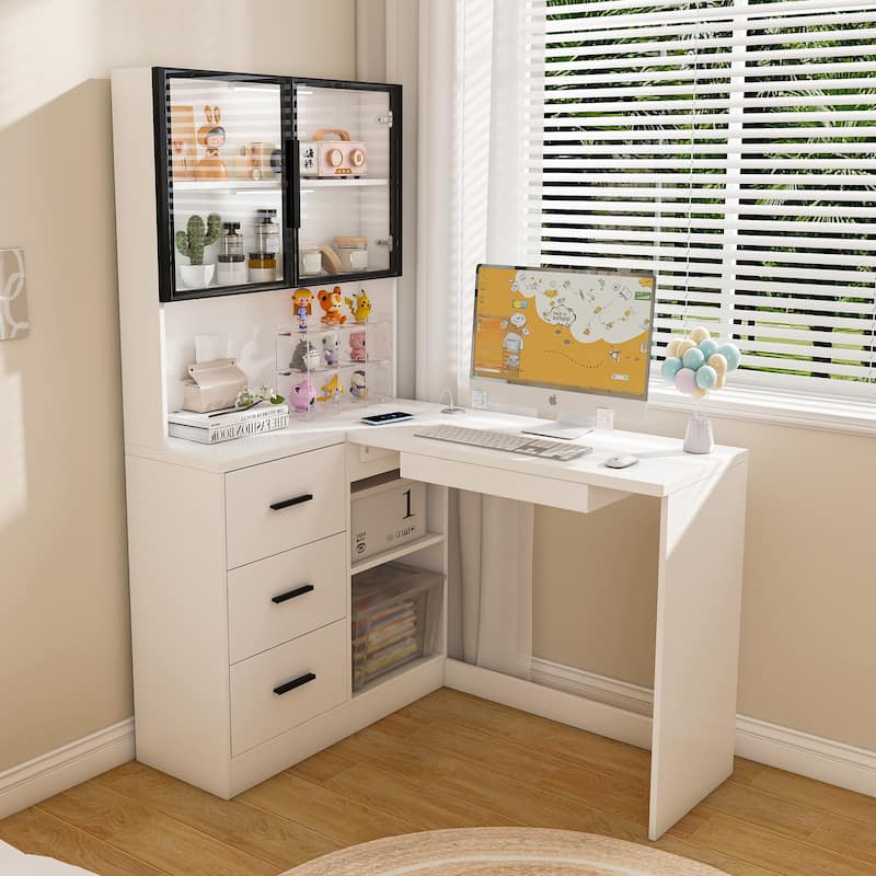 Computer Desk with Glass Cabinets & Built-In LED Lights, Corner L-Shaped Office Desk with USB Charging Ports, Keyboard Tray - White