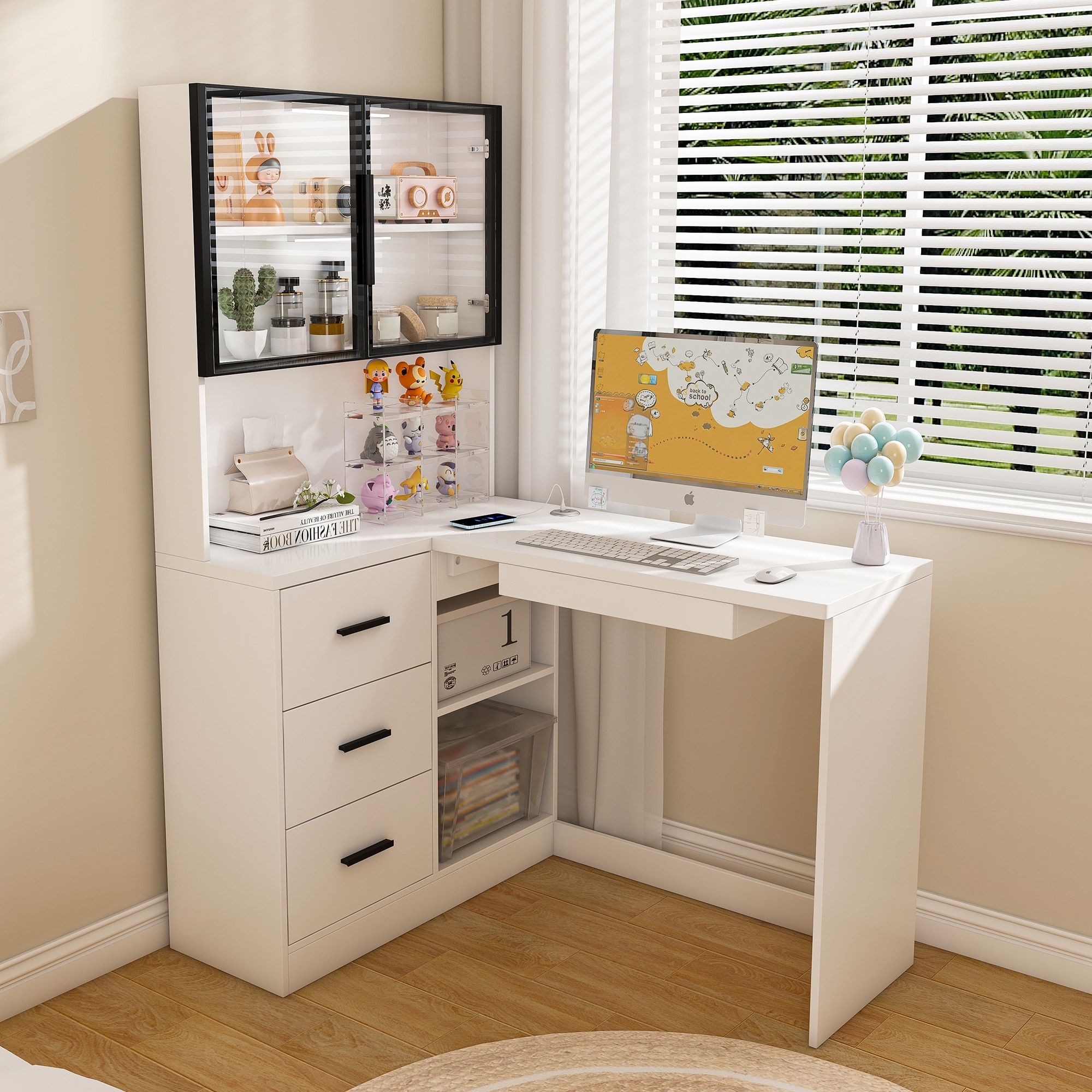 Computer Desk with Glass Cabinets & Built-In LED Lights, Corner L-Shaped Office Desk with USB Charging Ports