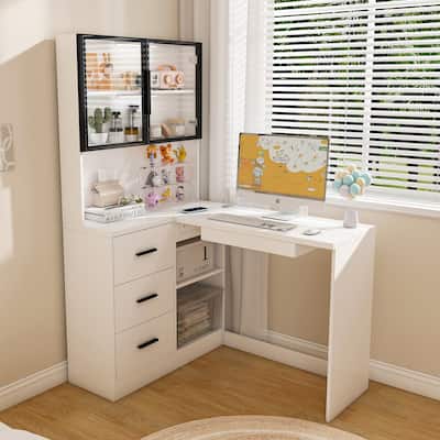 LED-Lit L-Shaped Office Desk with Glass Cabinets, USB Ports, Keyboard Tray, Wood Storage Corner Computer Desk for Home/Work
