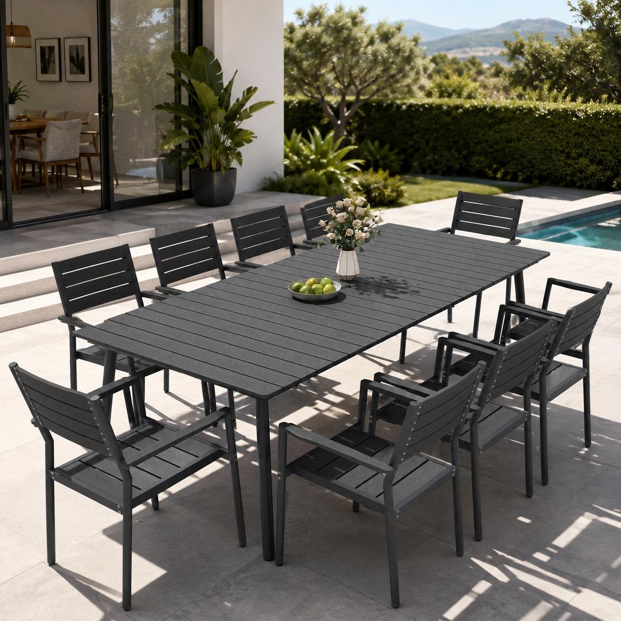 7/9/11-Piece Outdoor All-Weather Aluminum Patio Dining Set Dining table with Umbrella Hole and Stackable Chairs