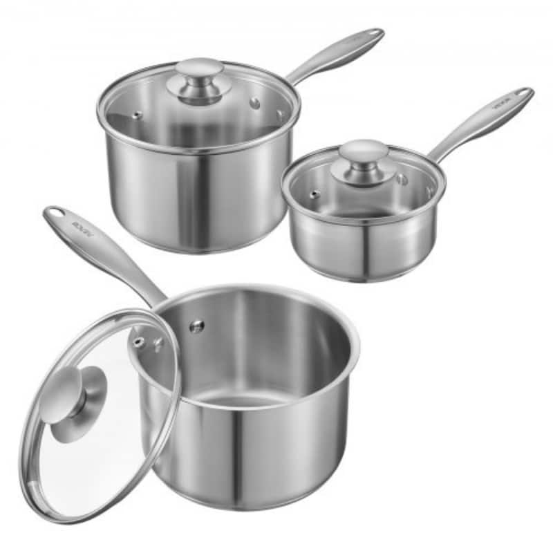 Silver Aluminum 3-Piece Saucepan Set with Glass Lids and Tri-Ply Base - 3QT: 14.17 x 7.68 x 6.3 in. (L x W x H) - Silver