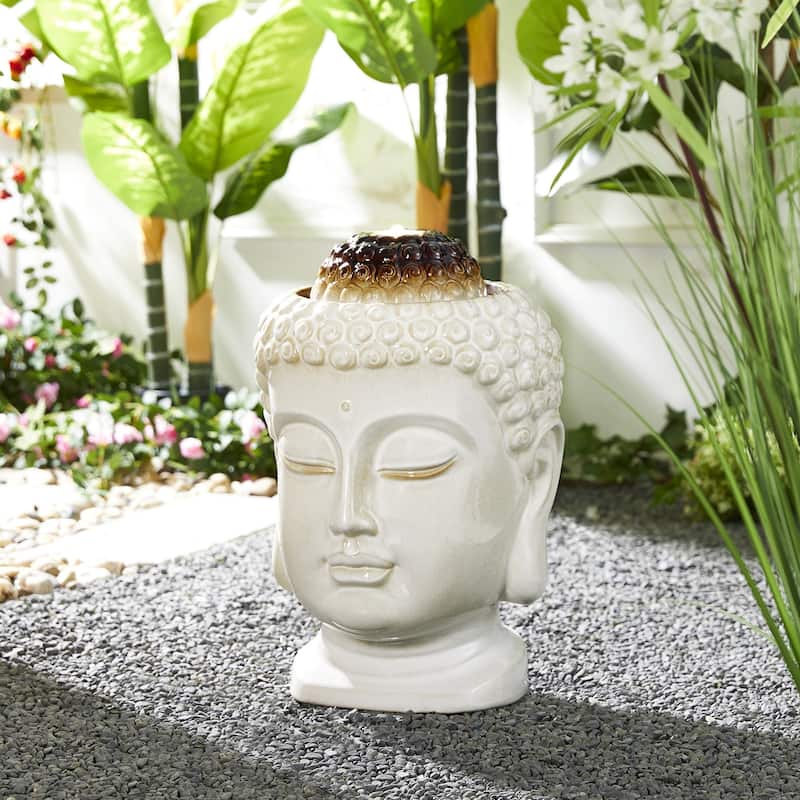 Glitzhome 18"H Zen-Style Buddha Head Ceramic LED Lighted Tabletop or Outdoor Floor Fountain