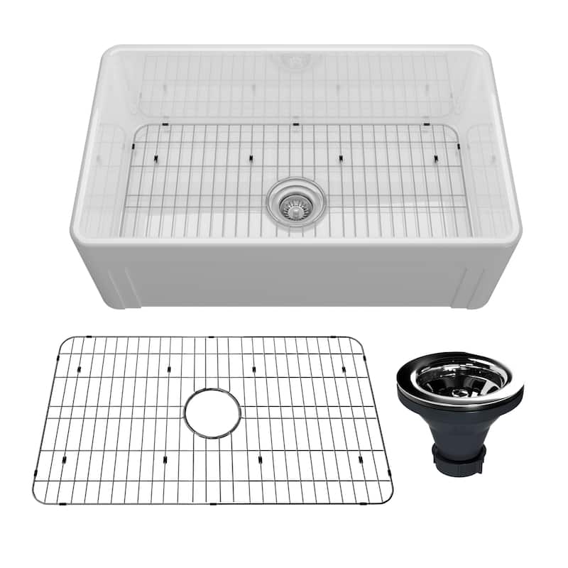30 in. Farmhouse/Apron-Front Single Bowl Fireclay Kitchen Sink with Reversible Design, Bottom Grid & Strainer, cUPC Certified