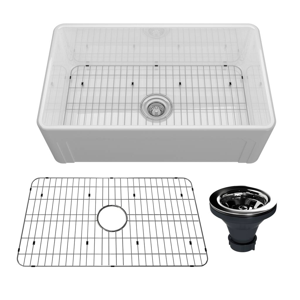 30 in. Farmhouse/Apron-Front Single Bowl Fireclay Kitchen Sink with Reversible Design, Bottom Grid & Strainer, cUPC Certified