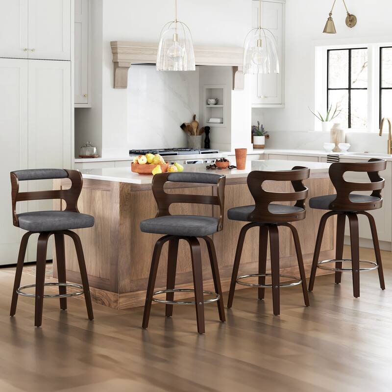 26"H Modern Walnut Swivel Counter Height Stool, Bar Stools with Back Set of 4 - 26" H - Grey/Walnut