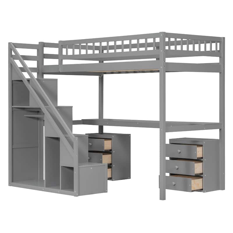 Roomfitters Twin/Full Size Loft Bed with Desk, Two Chests of Storage Drawers and Lighting