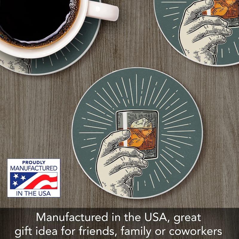 Squad 4 Pack Absorbent Stone Coaster with Protective Cork Backing Made in The USA 4" Round, Easily Wipes Clean