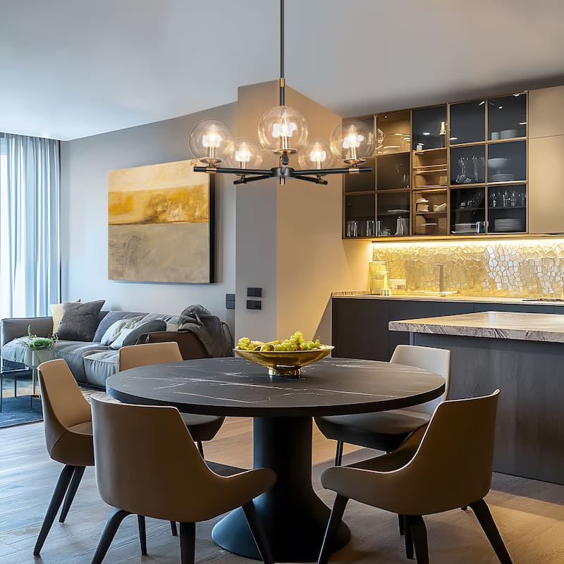 Modern 5-Light Black Gold Wheel Chandelier Globe Glass Pendant Lights for Dining Room - 22" D x 14" H