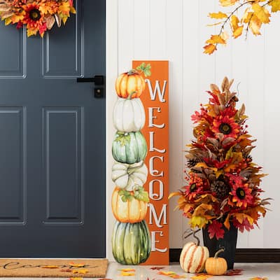 Glitzhome 42"H Lighted Fall Wood Stacked Pumpkins Welcome Porch Sign w/Timer