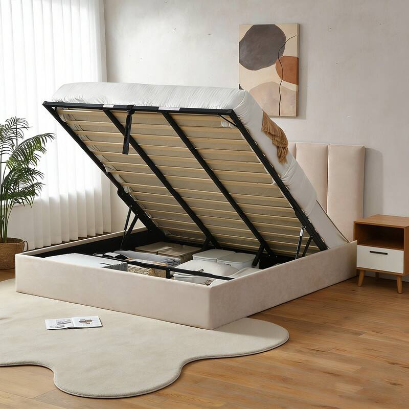 Full Size Lift-Up Storage Bed, White - Beige - California King