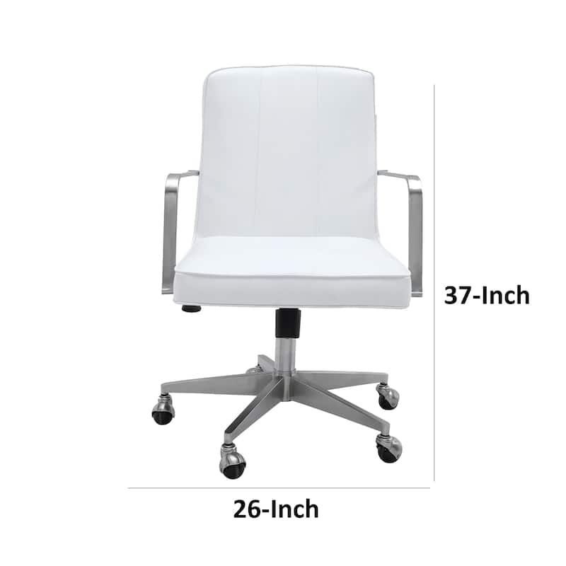 Rux 26 Inch Office Swivel Chair, White Faux Leather, Rolling Steel Base