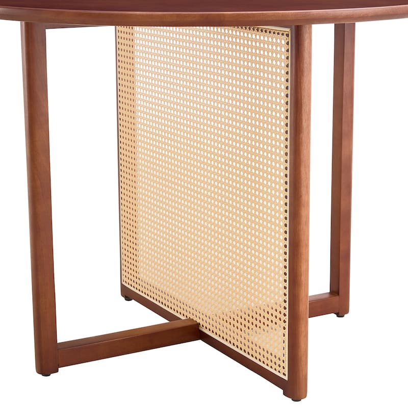 Roomfitters Solid Wood Round Table with Rattan Detailing, Retro Dining or Writing Desk for Home or Office
