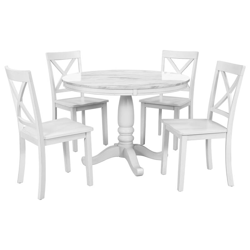 Stylish Round Wooden Dining Table with Four Wooden Chairs, 5-Piece Kitchen Table and Chair Set for Apartment