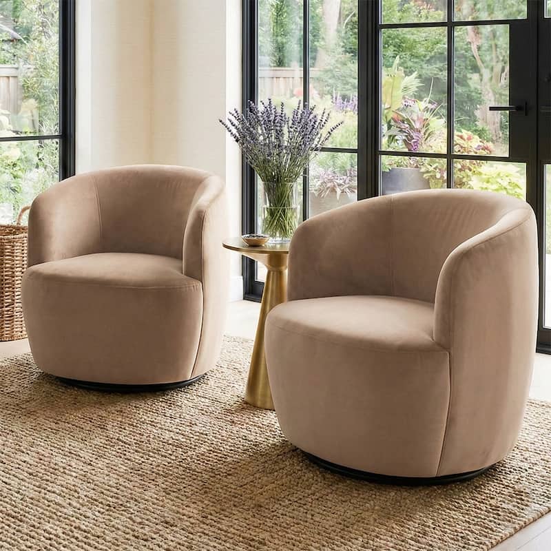 26.5" Wide Velvet Small Swivel Barrel Accent Chair - Set of 2 - Tan-2-piece