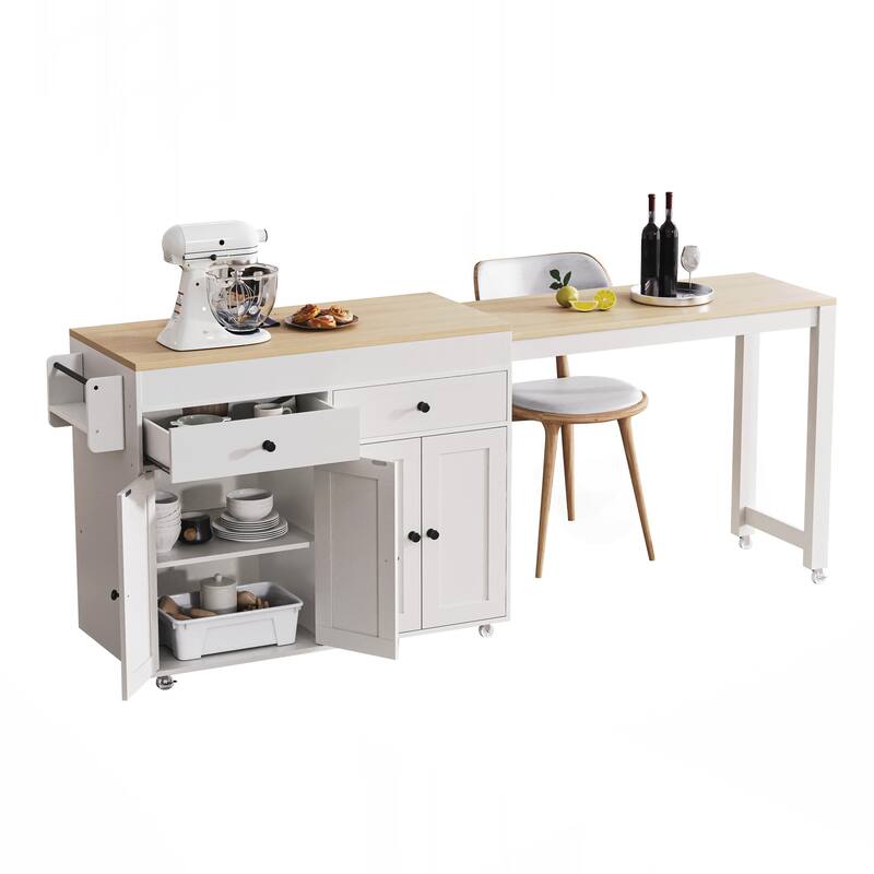 Kitchen Island with Extendable Dining Table , Rolling Kitchen Island on Wheels with Spice Rack and 2 Drawers