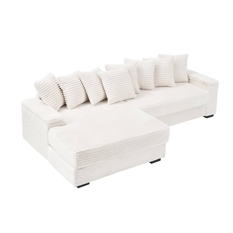 111.4 " L-Shaped Corduroy Sofa with 8 Throw Pillows and Footstool